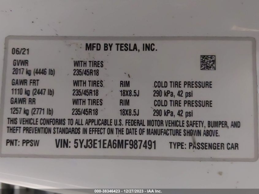 5YJ3E1EA6MF987491 | 2021 TESLA MODEL 3