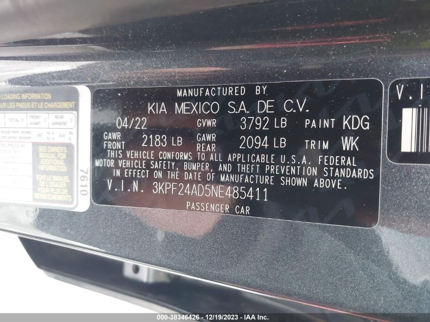 2022 KIA FORTE FE/LXS - 3KPF24AD5NE485411