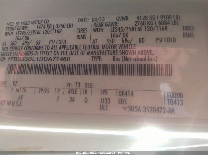 2013 FORD E-350 SUPER DUTY XL 1FBSS3BL1DDA77460