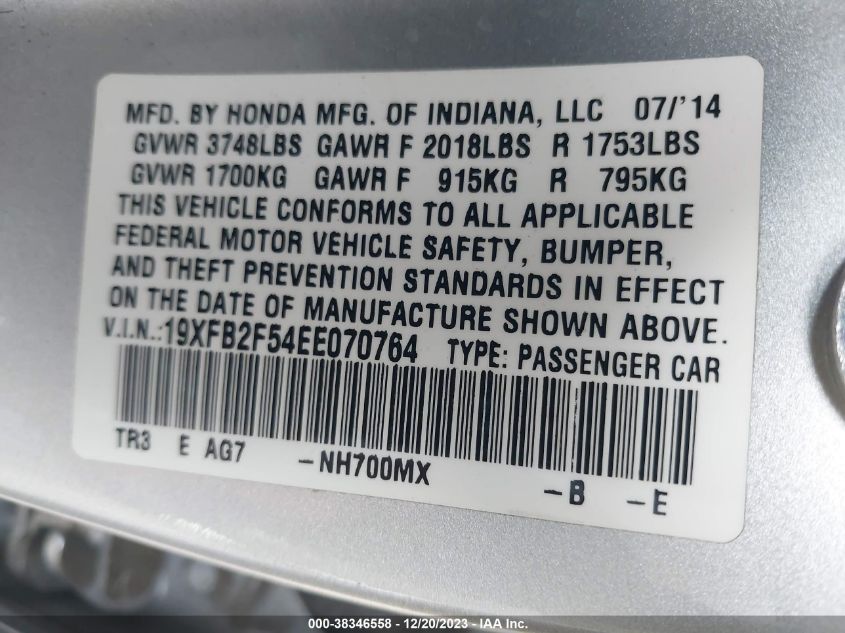 2014 HONDA CIVIC LX - 19XFB2F54EE070764