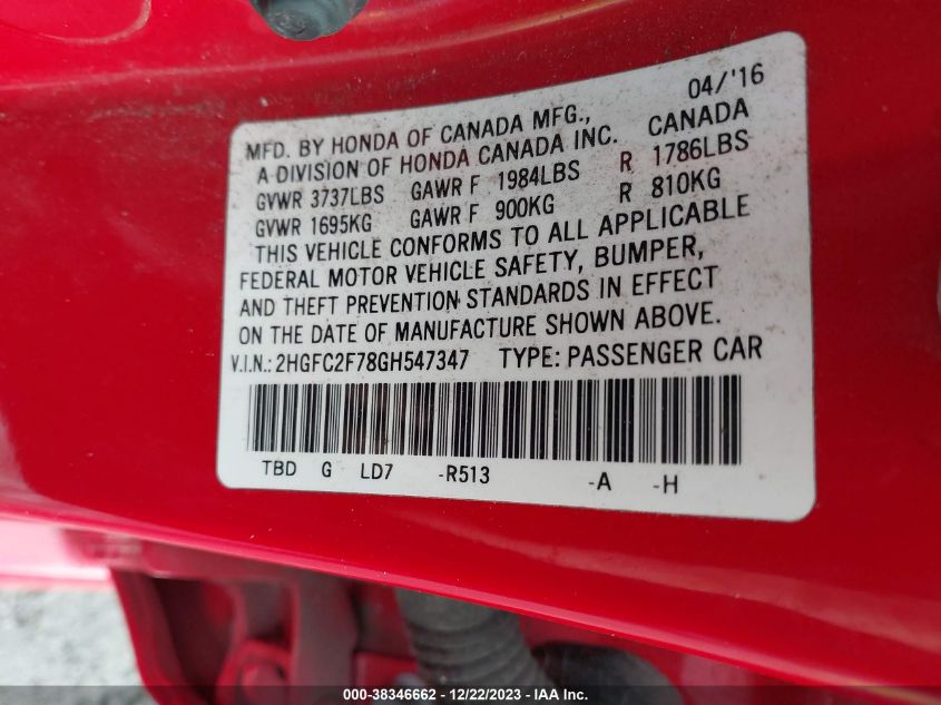 2016 HONDA CIVIC EX - 2HGFC2F78GH547347