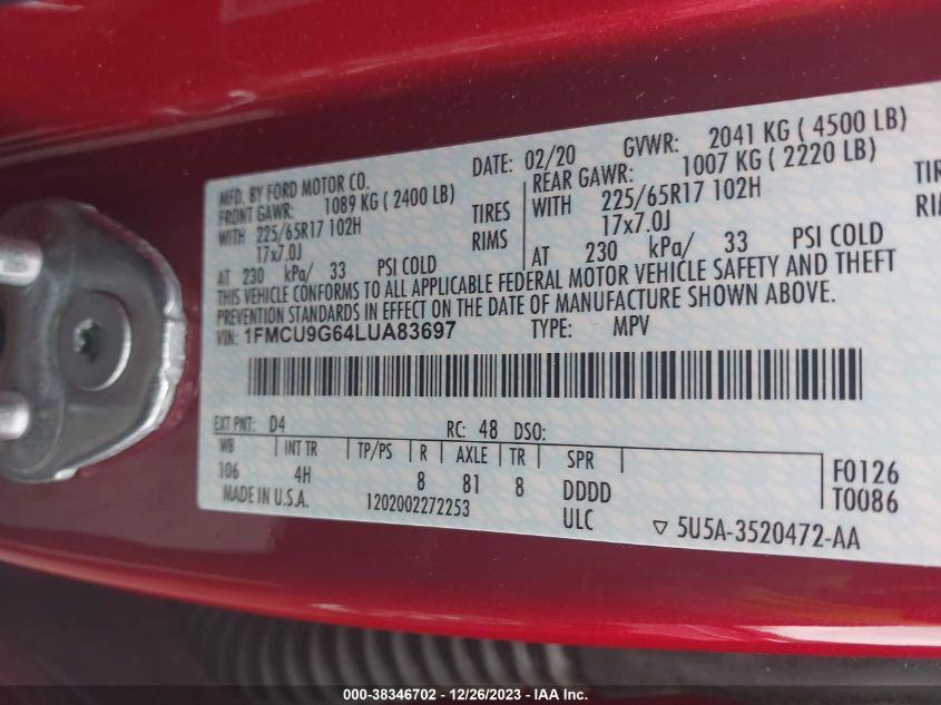 2020 FORD ESCAPE SE - 1FMCU9G64LUA83697