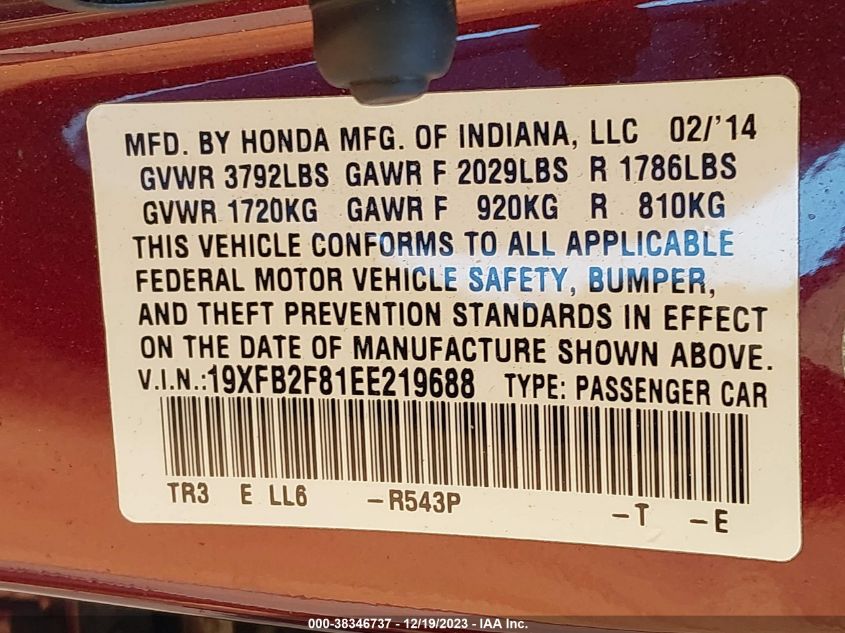2014 HONDA CIVIC EX - 19XFB2F81EE219688
