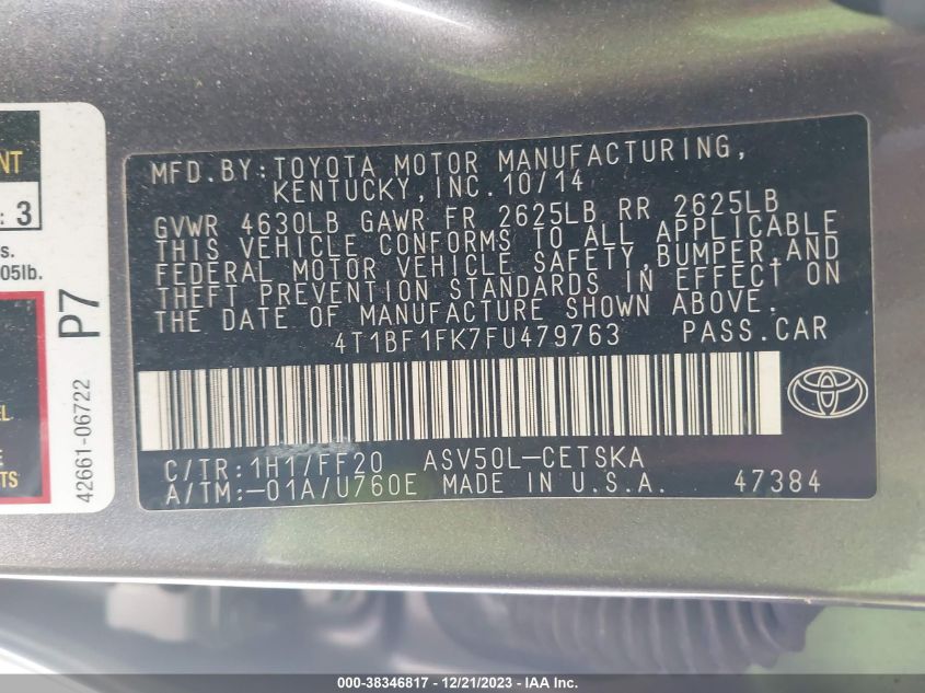 2015 TOYOTA CAMRY LE/XLE/SE/XSE - 14T1BF1FK7FU47976