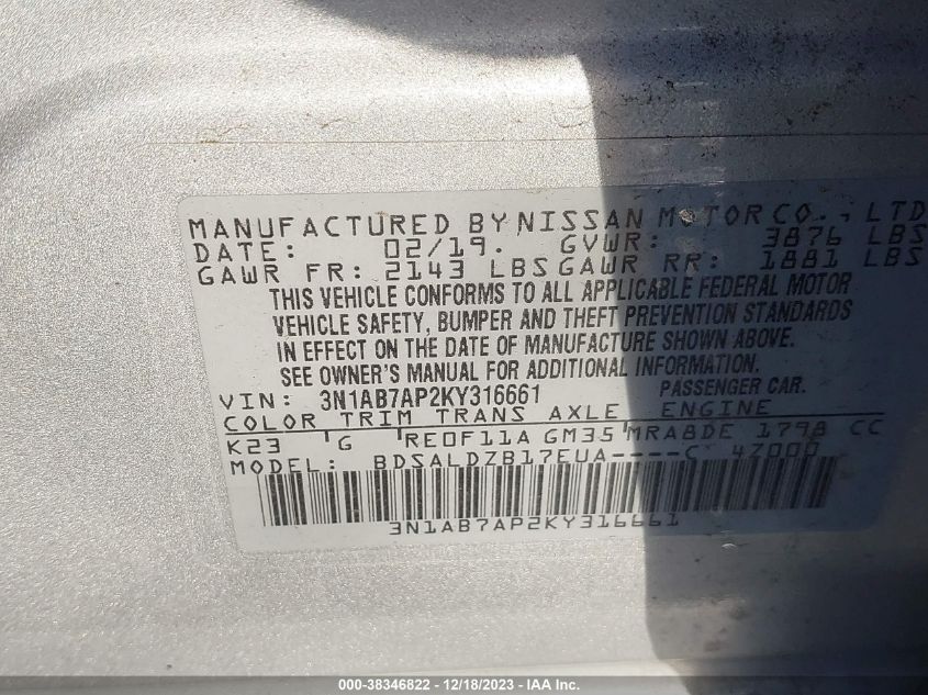 3N1AB7AP2KY316661 | 2019 NISSAN SENTRA