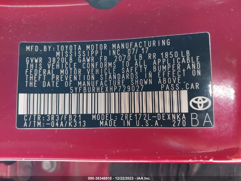 2017 TOYOTA COROLLA LE - 5YFBURHEXHP729027