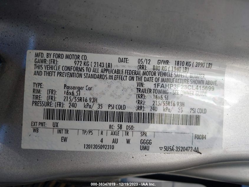 1FAHP3F23CL415699 | 2012 FORD FOCUS