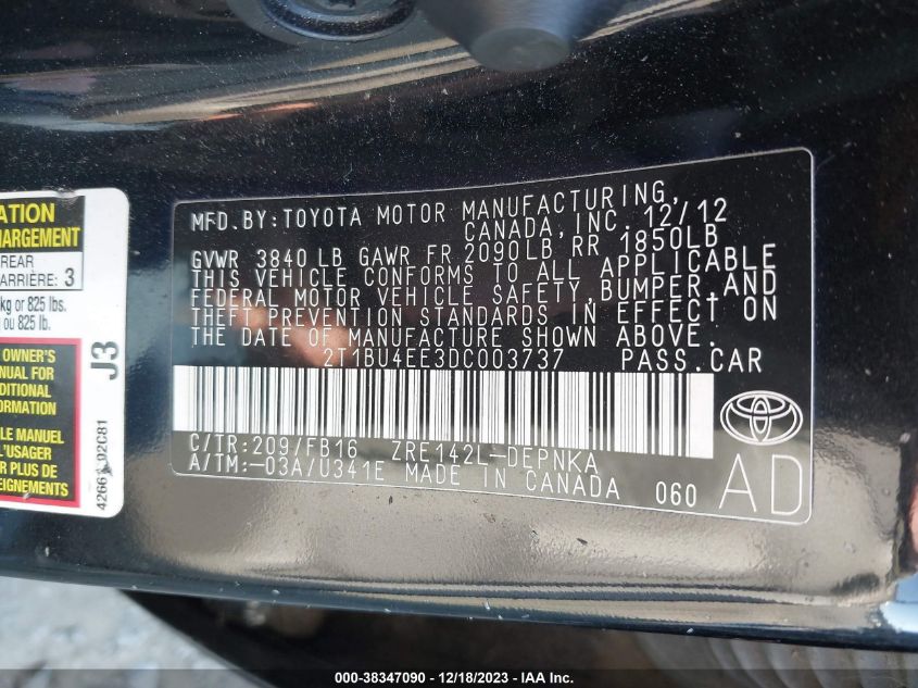 2013 TOYOTA COROLLA LE - 2T1BU4EE3DC003737