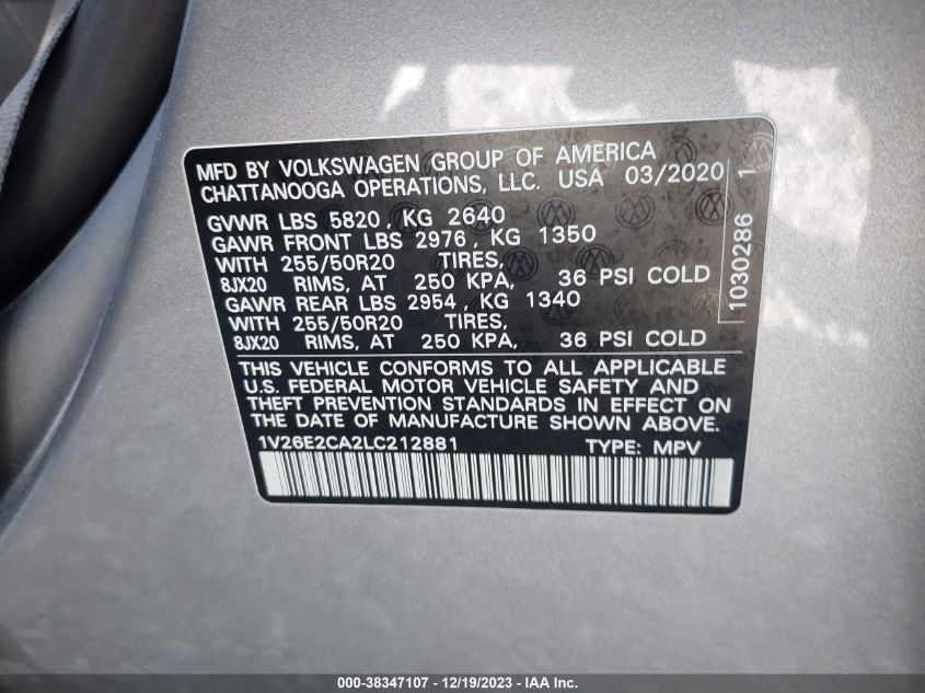 2020 VOLKSWAGEN ATLAS CROSS SPORT SE - 1V26E2CA2LC212881