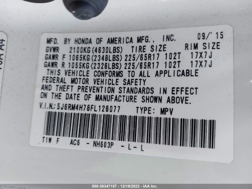 2015 HONDA CR-V EX-L - 5J6RM4H78FL126077