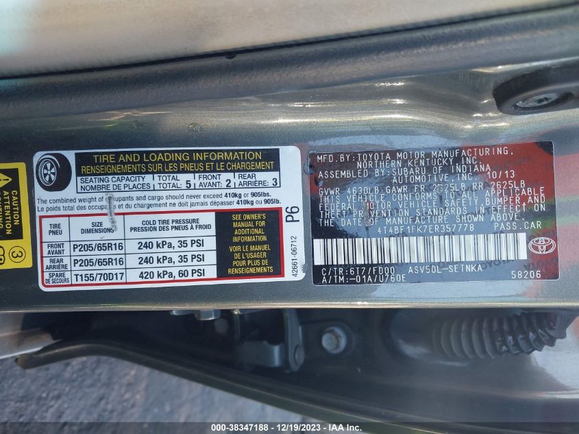 2014 TOYOTA CAMRY L/SE/LE/XLE - 4T4BF1FK7ER357778