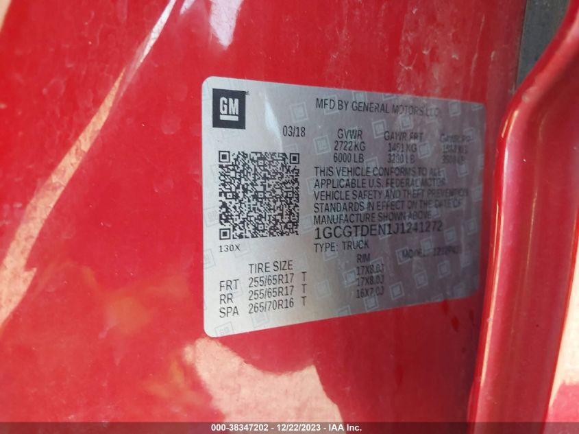 2018 CHEVROLET COLORADO Z71 - 1GCGTDEN1J1241272