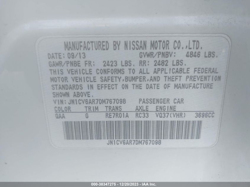 2013 INFINITI G37X - JN1CV6AR7DM767098