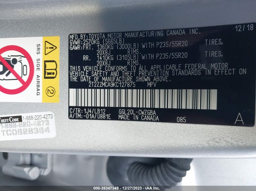 2019 LEXUS RX 350 - 2T2ZZMCA9KC127875