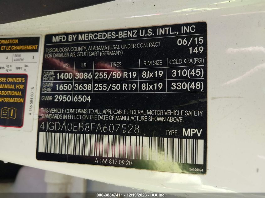 2015 MERCEDES-BENZ ML 250 BLUETEC 4MATIC - 4JGDA0EB8FA607528