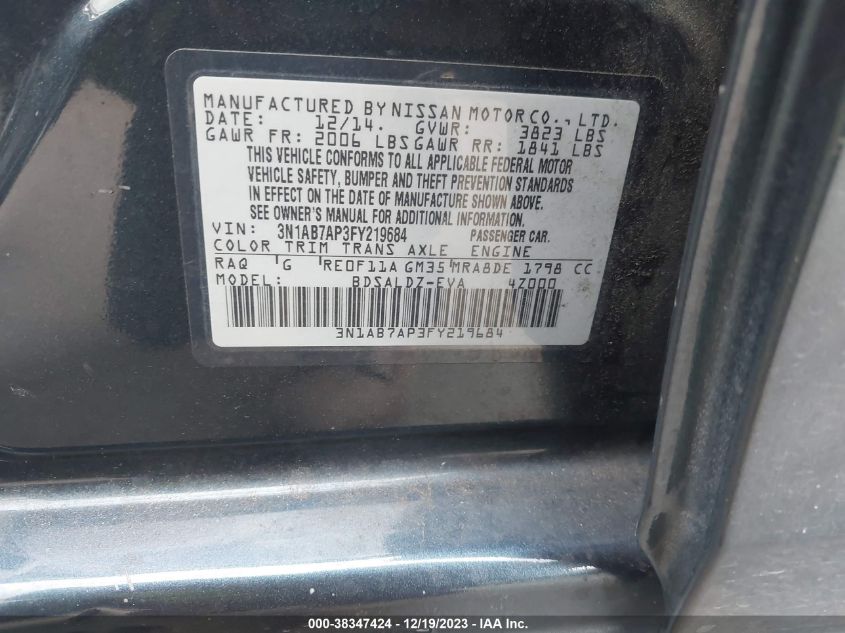 2015 NISSAN SENTRA S/SV/SR/SL - 3N1AB7AP3FY219684