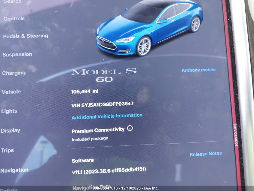 2013 TESLA MODEL S - 5YJSA1CG8DFP03647