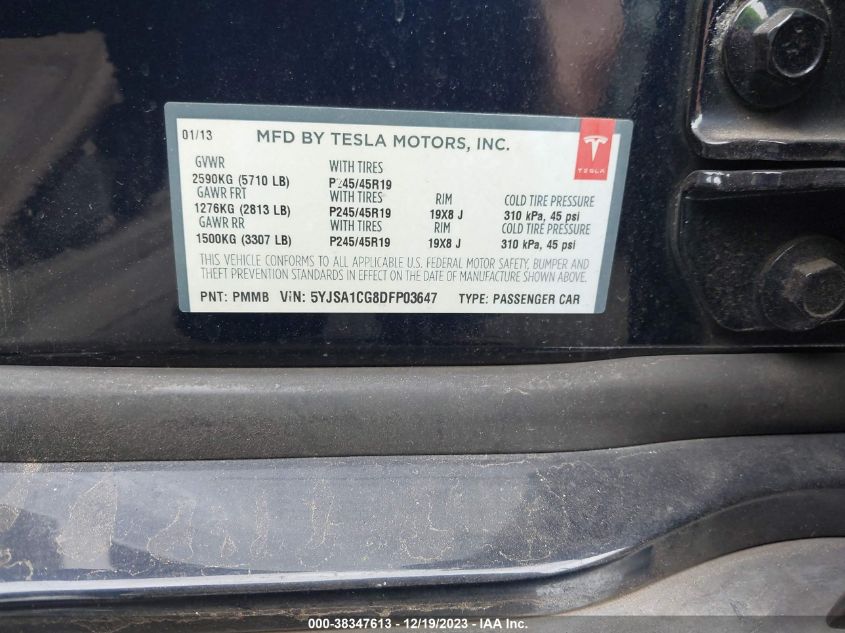 2013 TESLA MODEL S - 5YJSA1CG8DFP03647