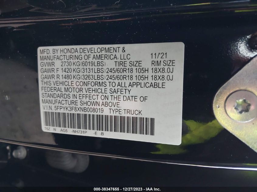 2022 HONDA RIDGELINE BLACK EDITION - 5FPYK3F8XNB008019