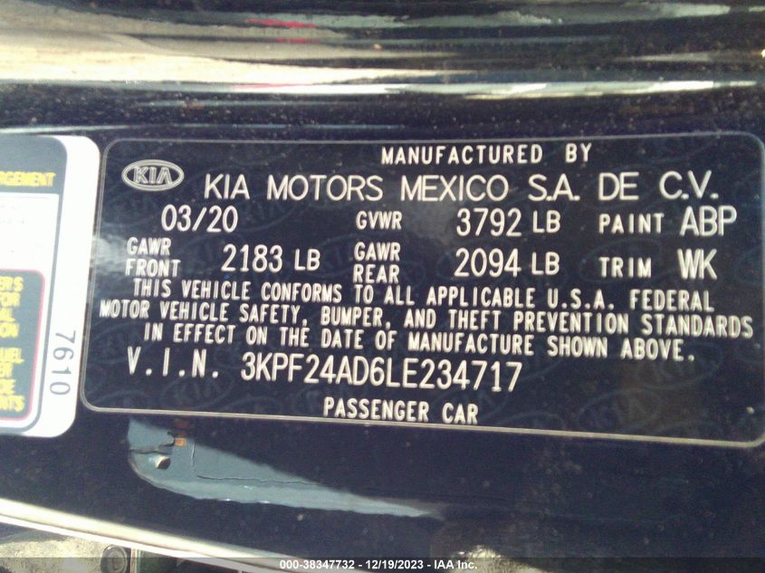 2020 KIA FORTE FE/LXS - 3KPF24AD6LE234717