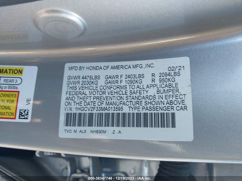VIN 1HGCV2F33MA013595 2021 HONDA ACCORD SPORT