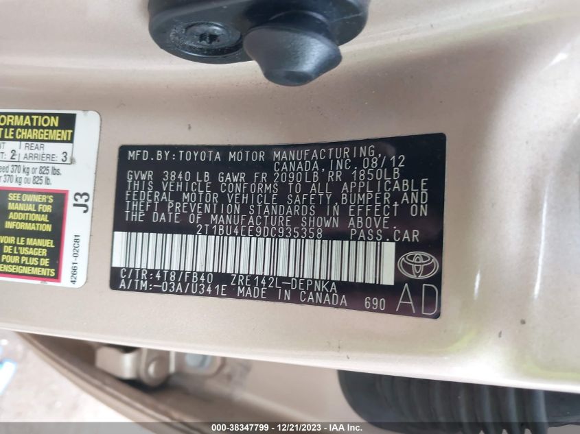 2013 TOYOTA COROLLA LE - 2T1BU4EE9DC935358