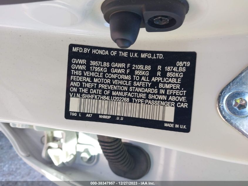 2020 HONDA CIVIC EX-L - SHHFK7H84LU202268