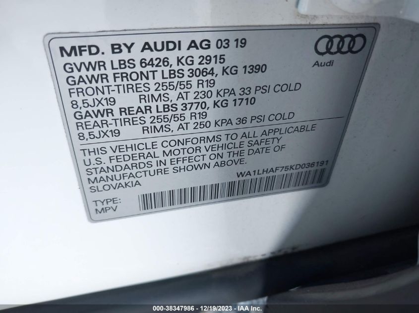 WA1LHAF75KD036191 2019 AUDI Q7, photo no. 9