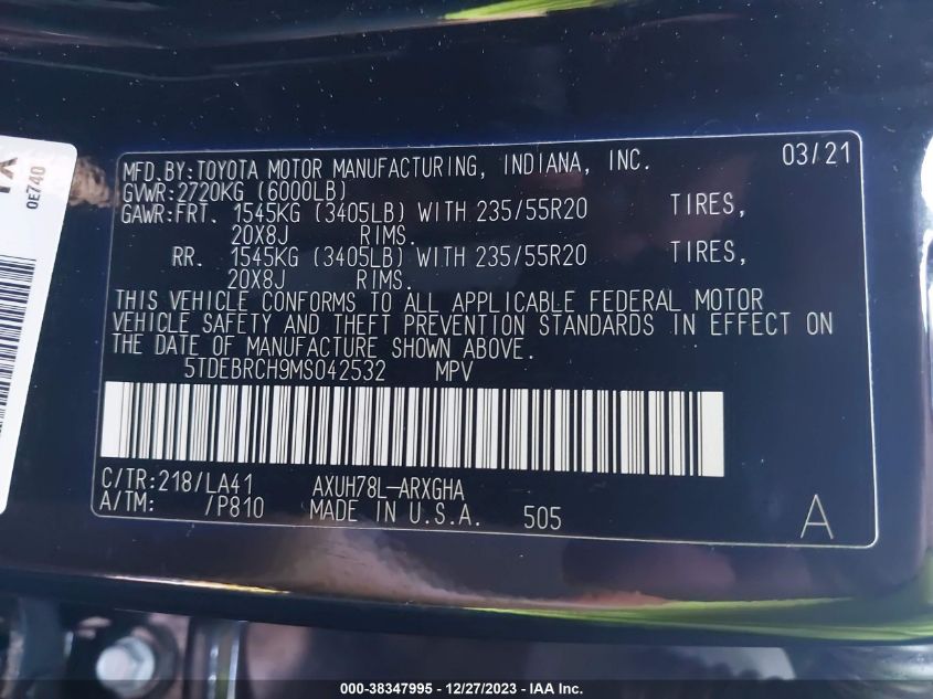 2021 TOYOTA HIGHLANDER HYBRID PLATINUM - 5TDEBRCH9MS042532