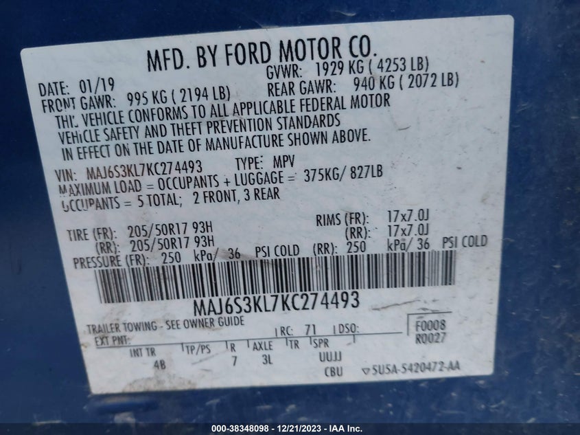 VIN MAJ6S3KL7KC274493 2019 FORD ECOSPORT TITANIUM