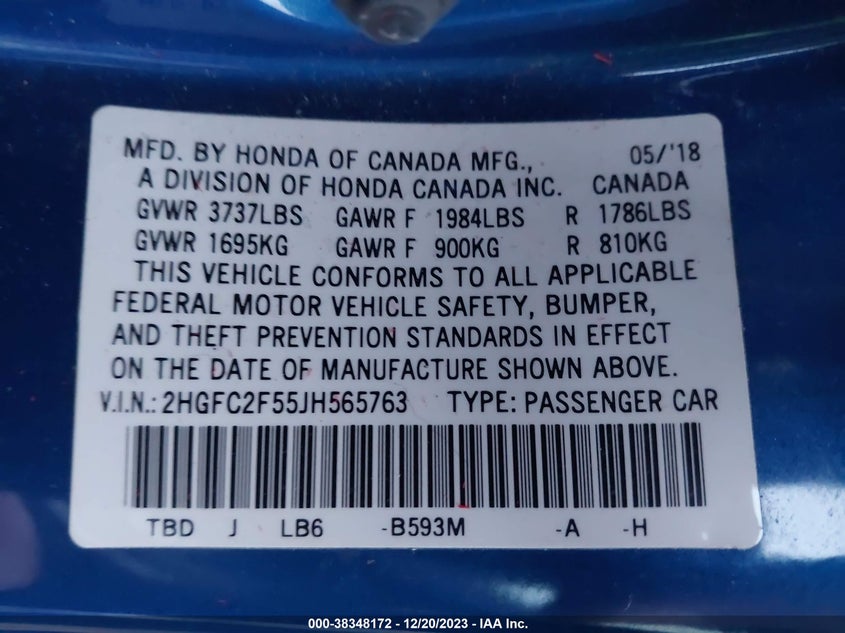 VIN 2HGFC2F55JH565763 2018 HONDA CIVIC LX