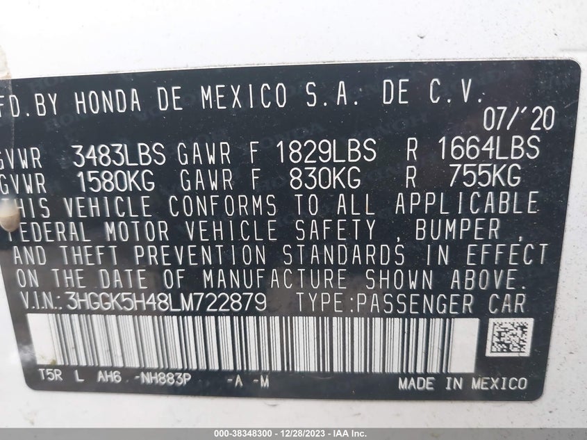 VIN 3HGGK5H48LM722879 2020 HONDA FIT LX