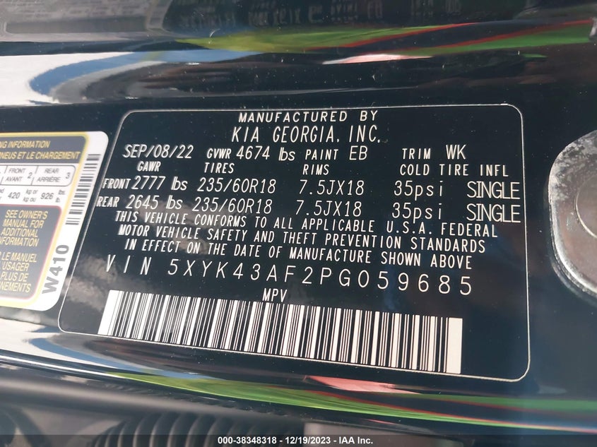 VIN 5XYK43AF2PG059685 2023 KIA SPORTAGE SX