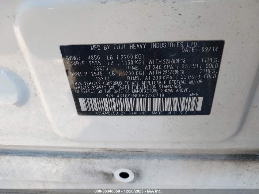 2015 SUBARU OUTBACK 3.6R LIMITED - 4S4BSENC5F3230719