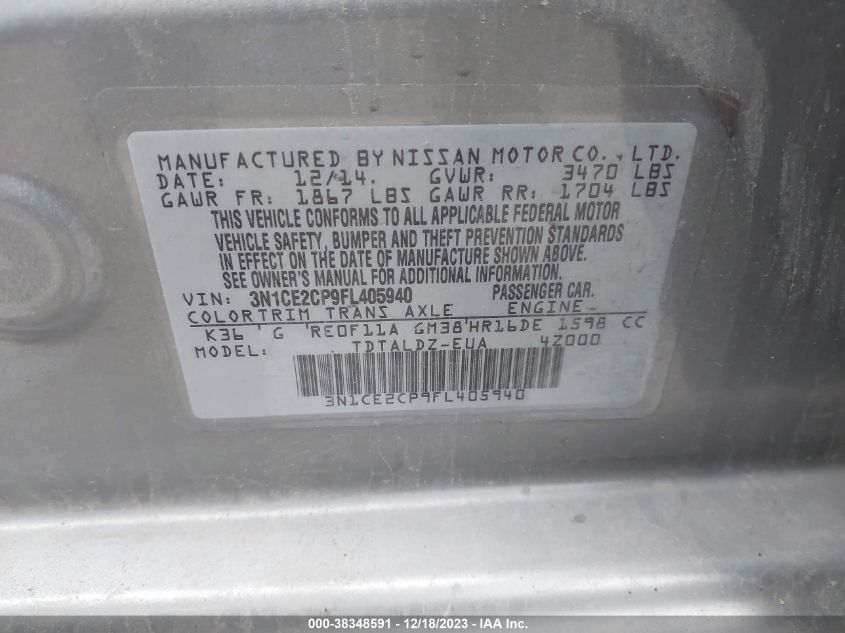2015 NISSAN VERSA NOTE S (SR)/S PLUS/SL/SR/SV - 3N1CE2CP9FL405940