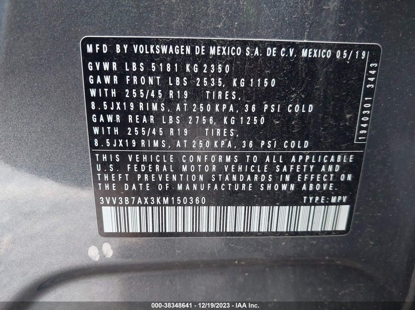 VIN 3VV3B7AX3KM150360 2019 VOLKSWAGEN TIGUAN SE/SEL/SEL R-LINE JET-BLA