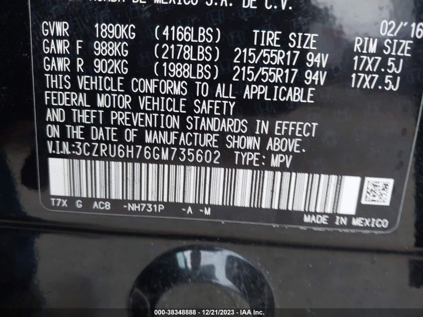 2016 HONDA HR-V EXL - 3CZRU6H76GM735602