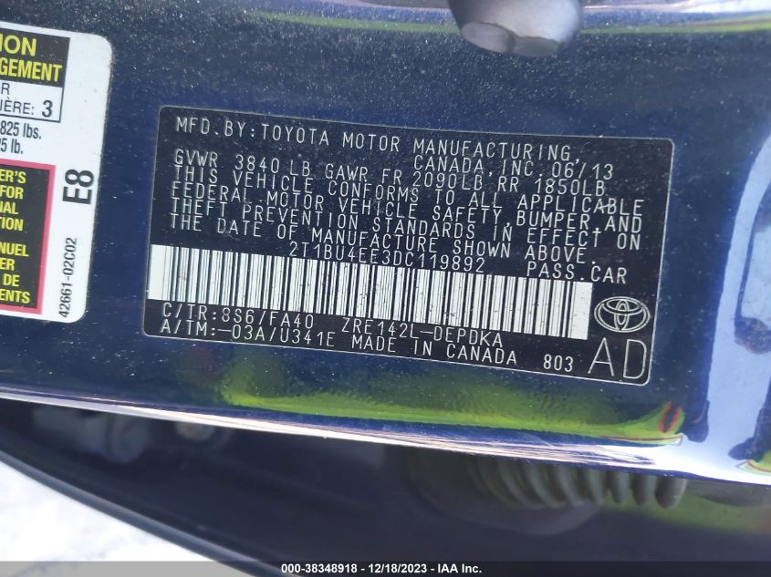 2013 TOYOTA COROLLA L - 2T1BU4EE3DC119892
