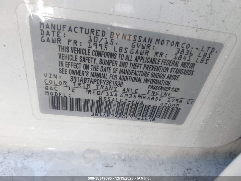 2015 NISSAN SENTRA SL - 3N1AB7AP0FY361698