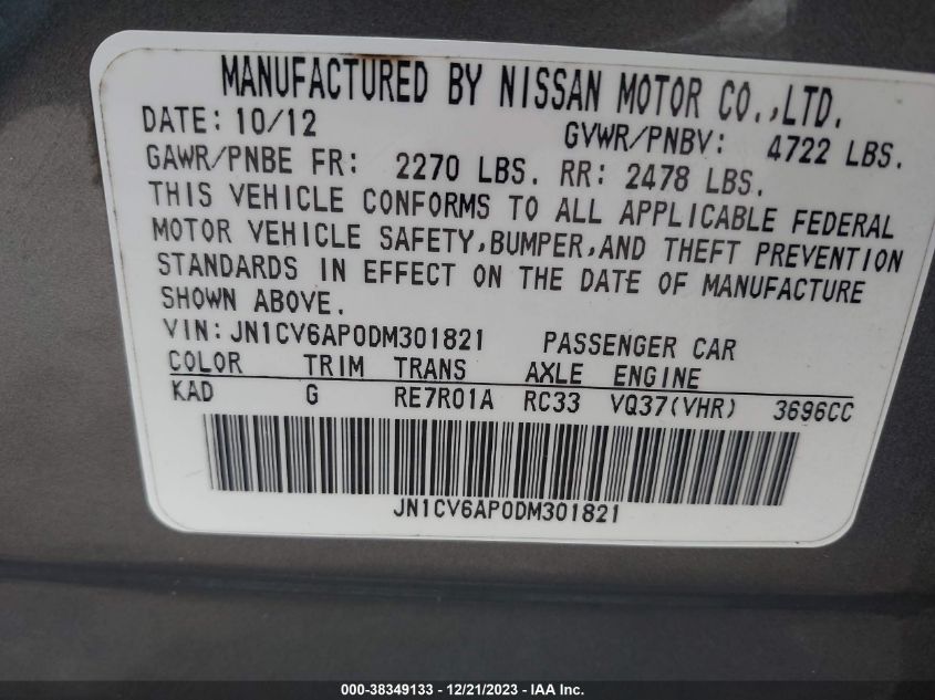 2013 INFINITI G37 JOURNEY JN1CV6AP0DM301821