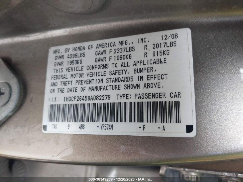 1HGCP26459A082279 | 2009 HONDA ACCORD