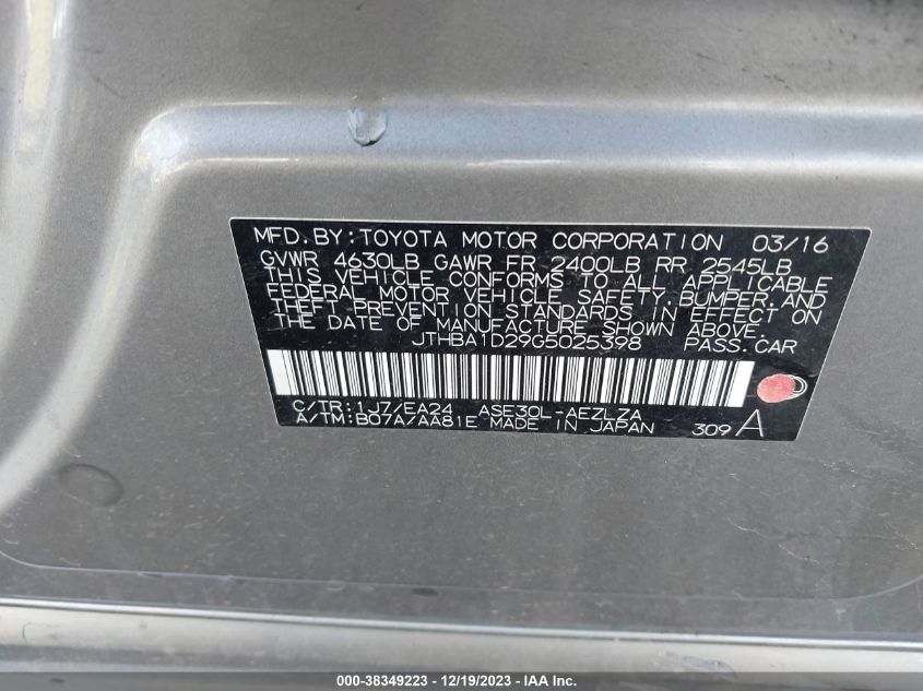 2016 LEXUS IS 200T - JTHBA1D29G5025398