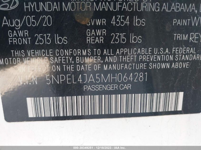 2021 HYUNDAI SONATA SEL - 5NPEL4JA5MH064281