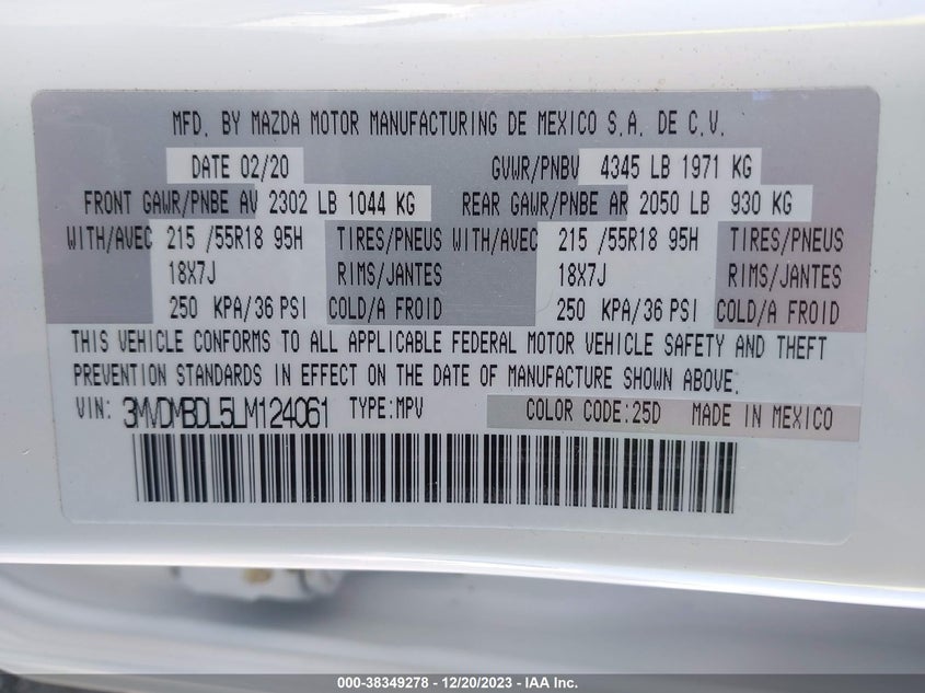 VIN 3MVDMBDL5LM124061 2020 MAZDA CX-30 PREFERRED PACKAGE