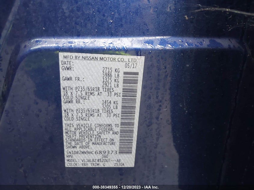 VIN 5N1DR2MN9HC689373 2017 NISSAN PATHFINDER S/SV/SL/PLATINUM