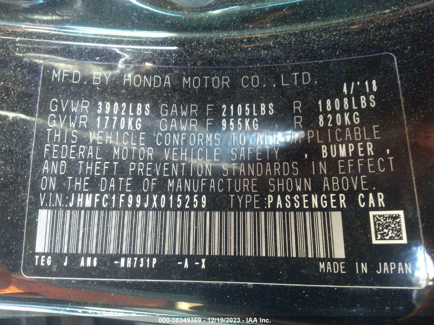 2018 HONDA CIVIC TOURING - JHMFC1F99JX015259