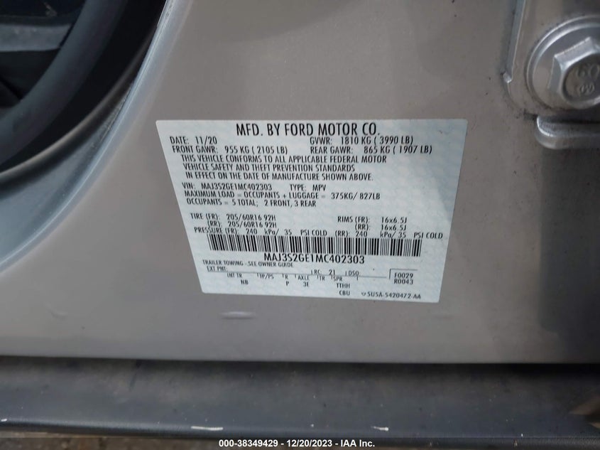 VIN MAJ3S2GE1MC402303 2021 FORD ECOSPORT SE