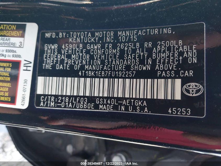 2015 TOYOTA AVALON XLE PREMIUM - 4T1BK1EB7FU192257