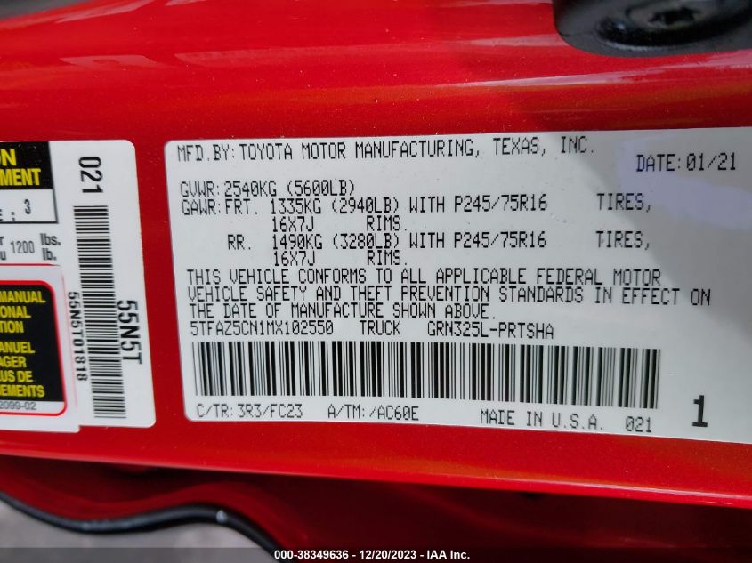 2021 TOYOTA TACOMA SR5 V6 - 5TFAZ5CN1MX102550