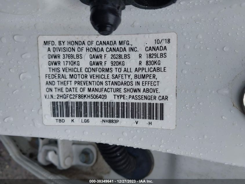VIN 2HGFC2F86KH506409 2019 HONDA CIVIC SPORT